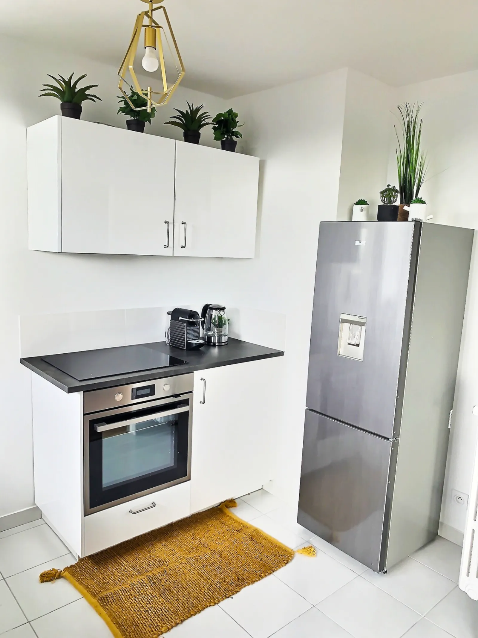 Cuisine avec réfrigérateur et plaques de cuisson